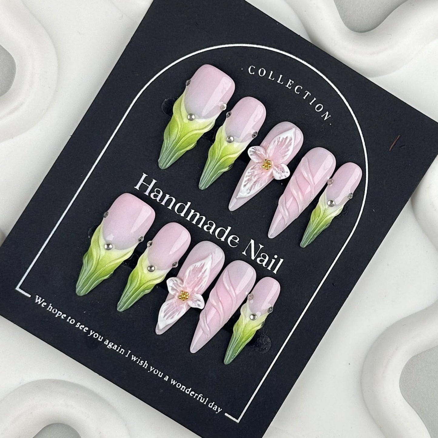 Luxury Press on Nails Long Stiletto Handmade Unique Reusable ABS Material Fake Nails Green French Tip False Nails with Designs 3D Flower Art Petal Glossy Glue on Nails Thick Acrylic Nails(S)