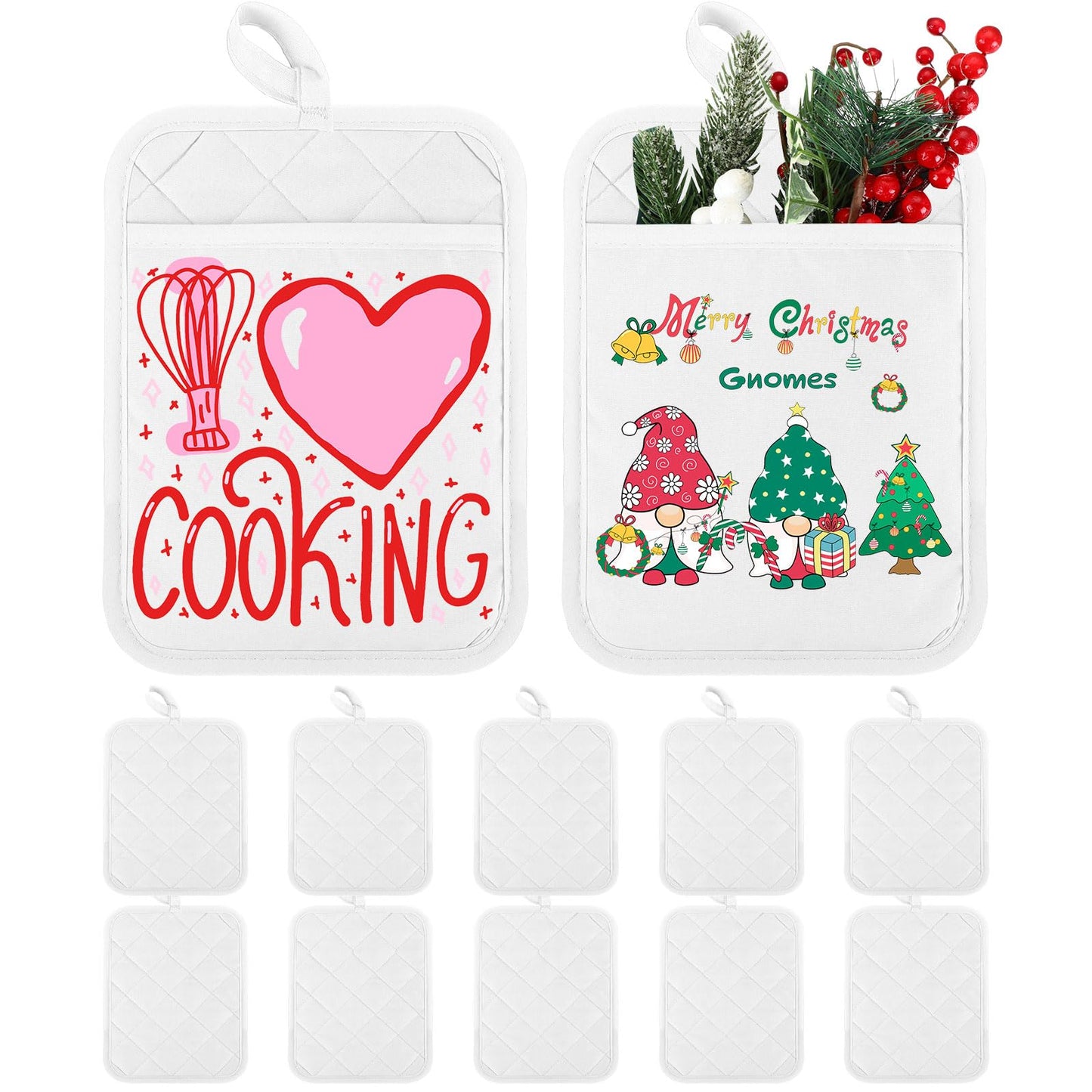 Hoolerry 10 Pieces Pot Holders with Pocket Sublimation 7x9'' Cotton Oven Pot Holders Bulk with Hanging Loops Pads for Kitchen Cook Baking (White)