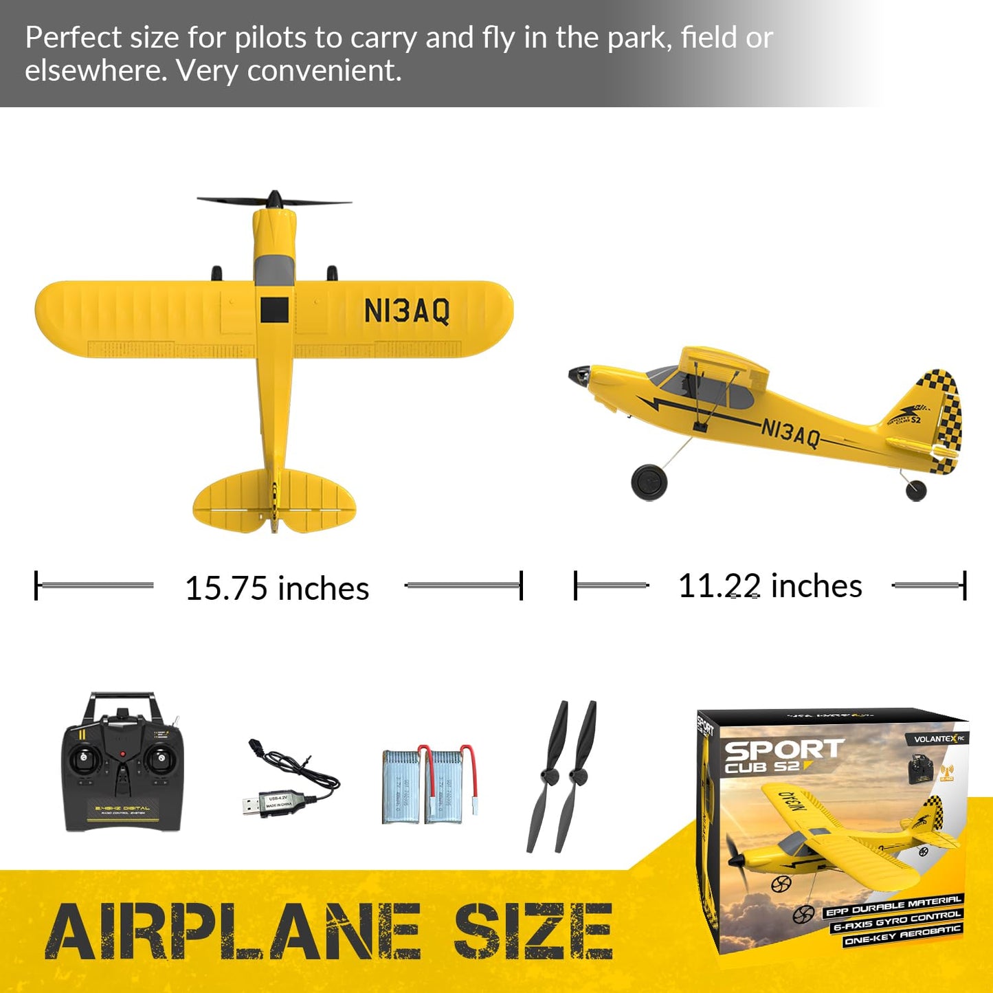 volantexrc RC Plane Trainer Sport Cub 3CH Remote Control Airplane with Prop Saver, 6-Axis Gyro Stabilizer & 3 Modes to Fly, Radio Controlled Aircraft RTF for Beginners and Adults (400mm,Yellow)