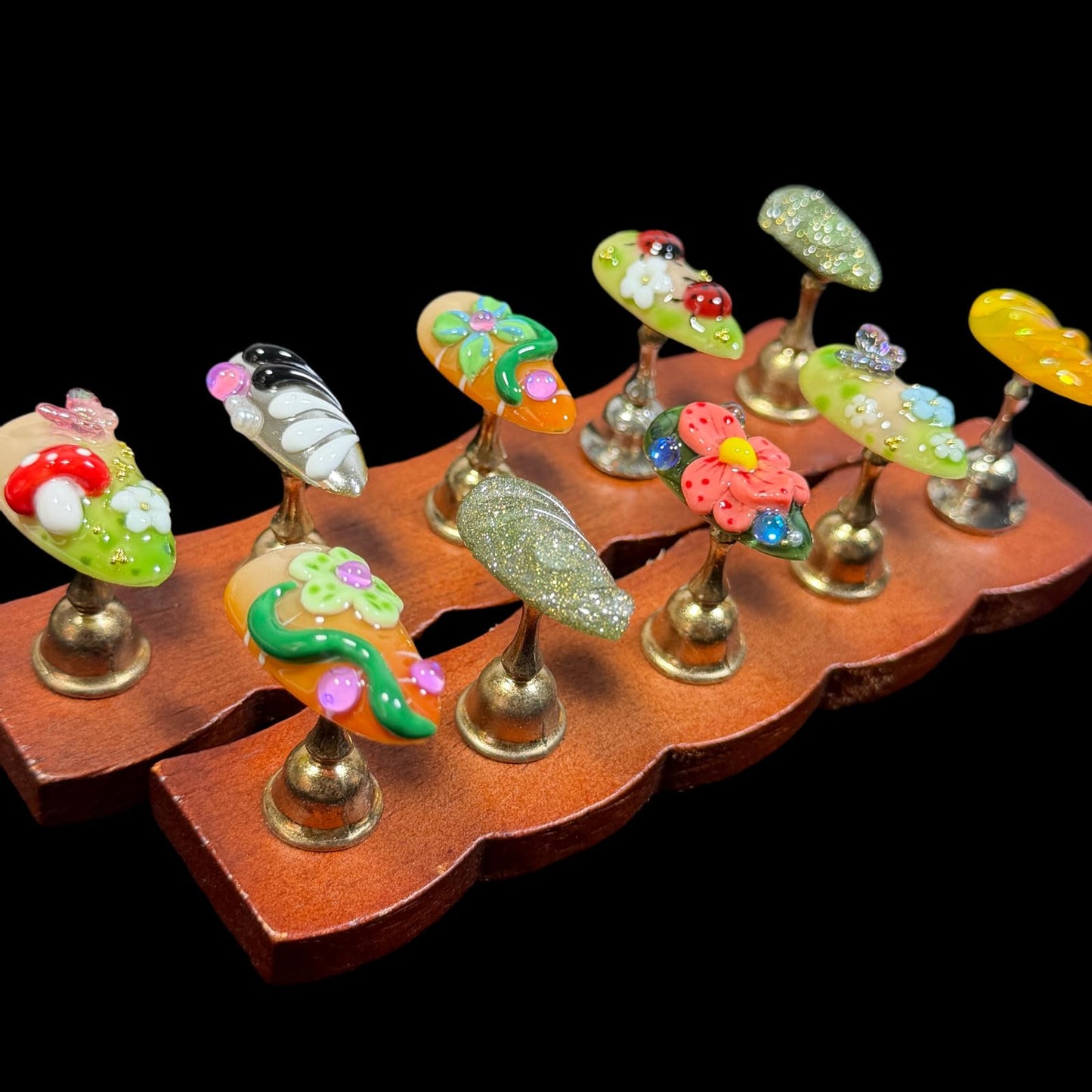 Handmade Press on Nails, 3D Floral Art Fake Nails with Red Mushroom, Ladybug, Butterfly & Glitter, Medium Almond Shape Acrylic False Nails Magic Garden (S)
