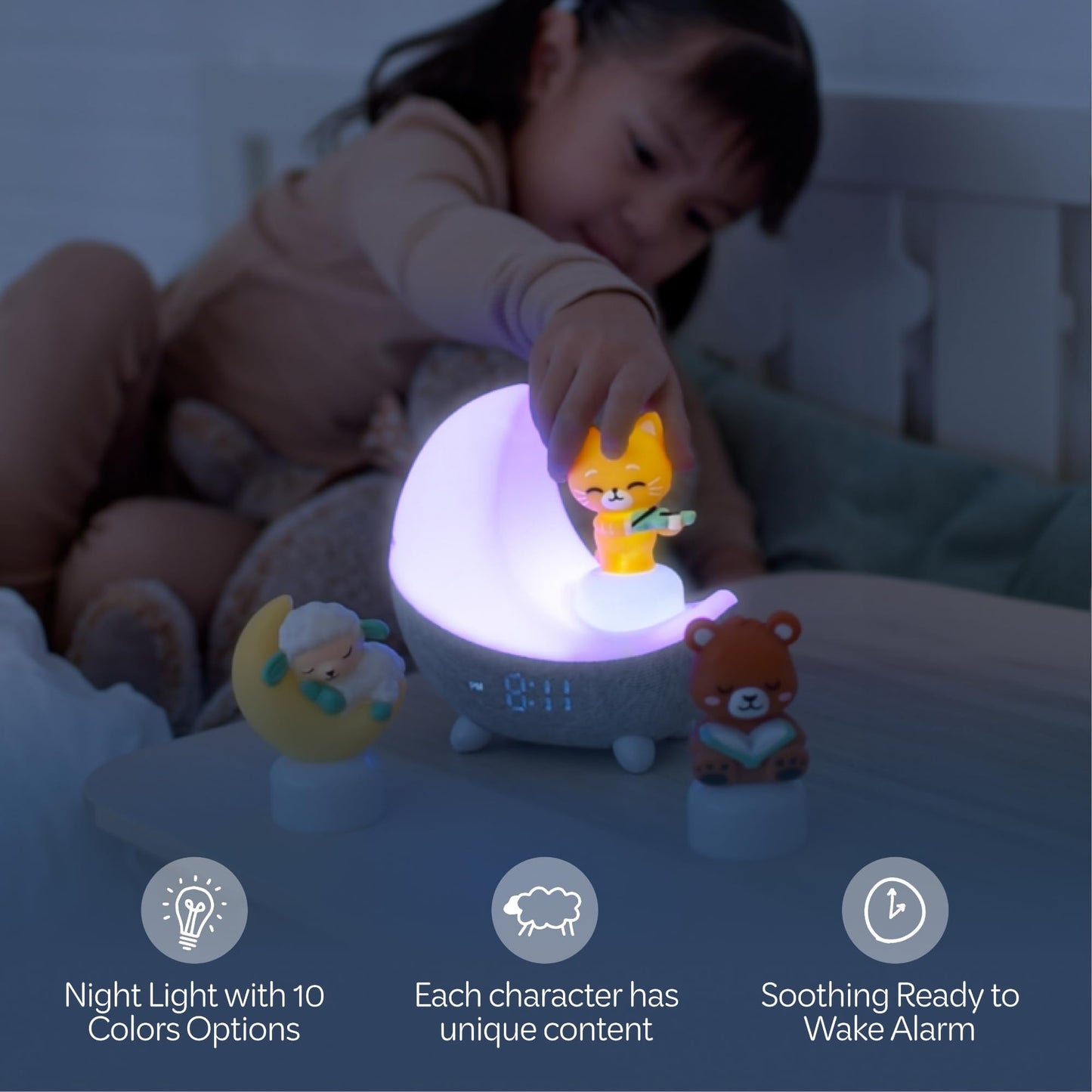 Move2Play, Dozi Sound Machine | Cute Sleep Toy + Sound Machine | 3+ Hrs Thoughtfully Made Bedtime Content | Moonlight Night Light with Changing Colors | Gentle OK-to-Wake Wake-Up