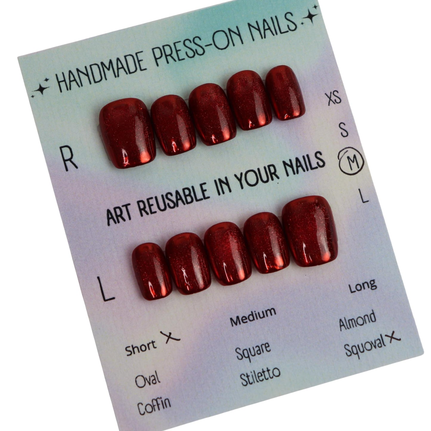 Handmade Magnetic Cat Eye Press-On Nails – Chrome Finish (Gold, Ruby Red, or Silver) | Reusable Glossy Gel Look | Squoval Short (Red Mirror Cat Eye, S Short Squoval)