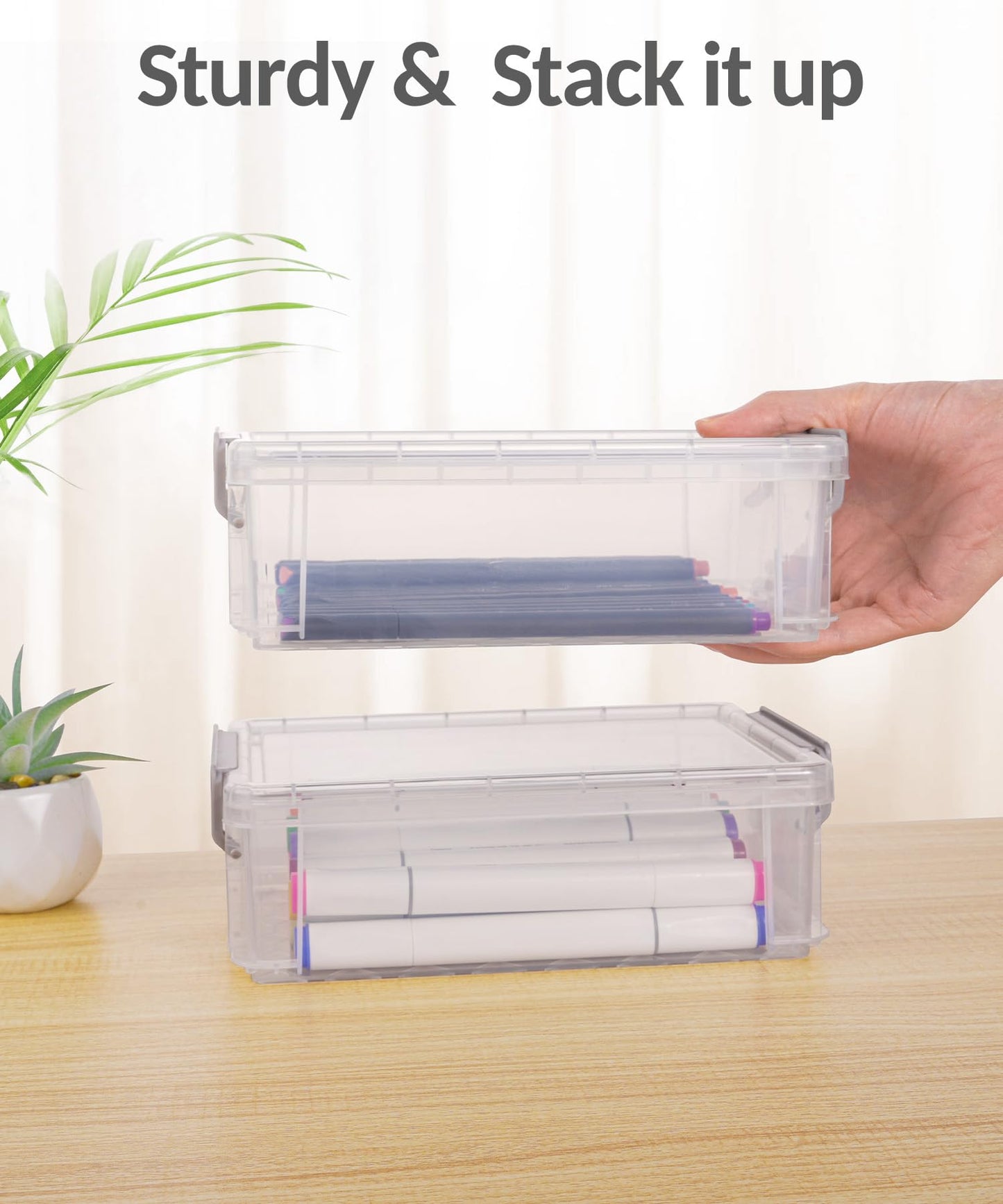 Sooez 6 Pack Extra Large Pencil Box, Plastic Pencil Case Crayon Box, Clear Marker Organizer Plastic Containers with Lid, Stackable Storage Boxes for Art Craft,Pen,Back to School Teacher Supplies, Grey
