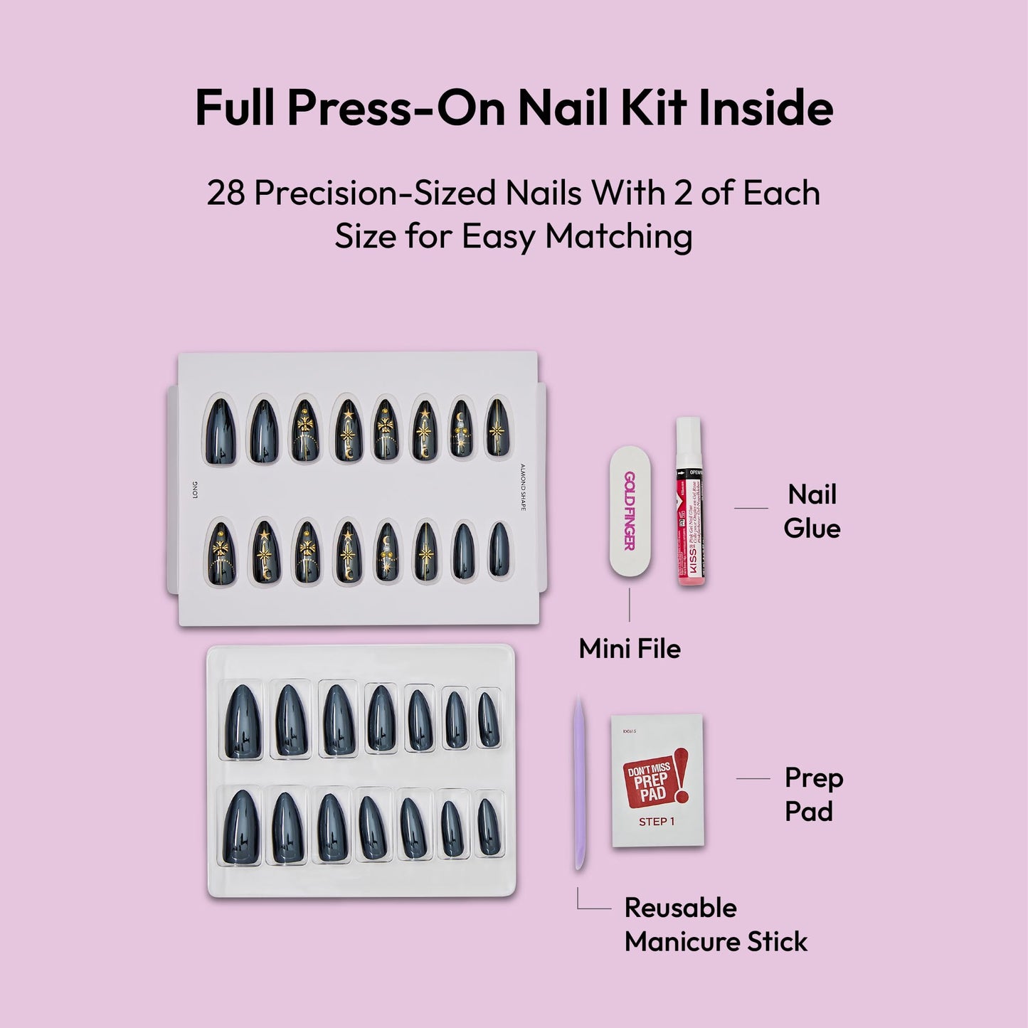 Glitzy 3D Handmade Press On Nail Kit, Rhinestone Gem Black Chrome Long Almond False Nail, Reusable & Lasts Up To 2 Weeks, Seamless Snug Fit Technology, Includes Glue, File & 28Pcs Manicure Set