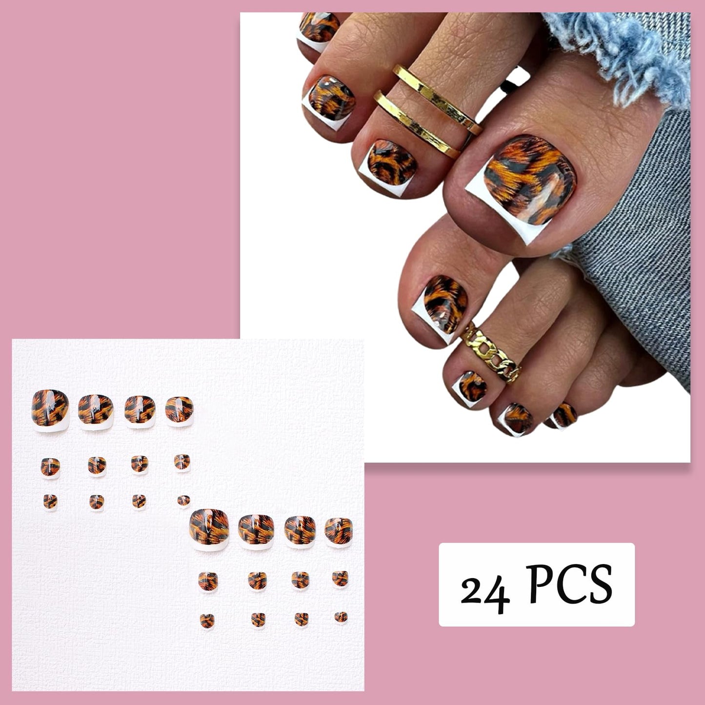 White French Leopard Print Press-On Toenails Short Square False Toenails Leopard Print Full Coverage Summer Shiny Acrylic Toenail Stickers Decorations for Women 24pcs