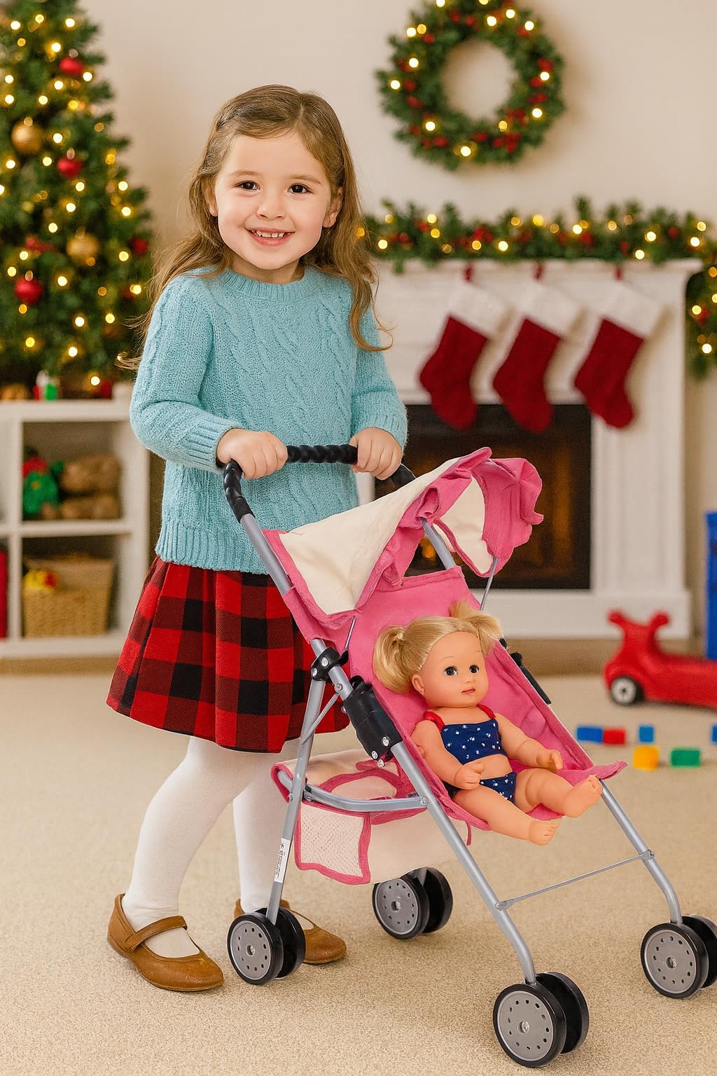fash n kolor My First Doll Stroller with Basket - Pink Off-White Foldable Doll Stroller - Fits Upto 18" Dolls, 2 Free Magic Bottles Included
