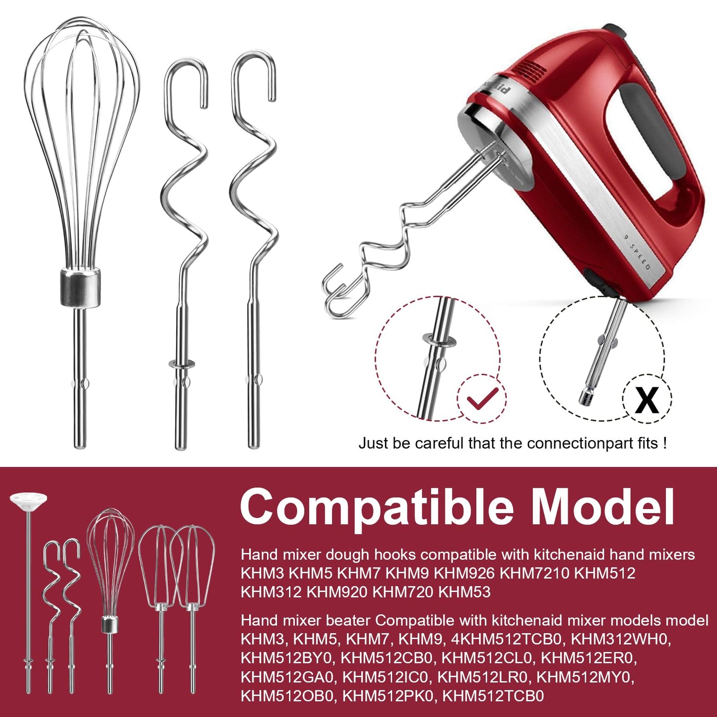 Hand Mixer Attachments Beater, Whisk, Blending Rod and Dough Hooks, Stainless Steel Hand Mixer Accessories Compatible with Kitchenaid Hand Mixers KHM3 KHM5 KHM7 KHM9, Set of 6