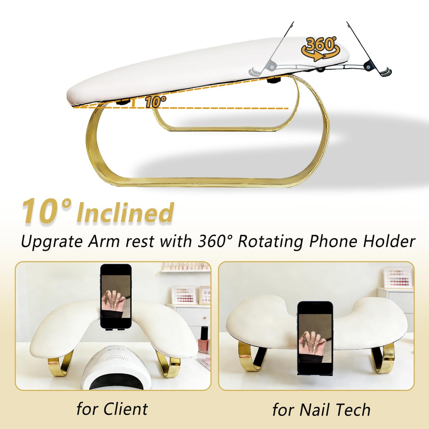 Rotating Phone Holder Nail Arm Rest, PU Leather U-Shaped Hand Stand for Nail Technicians & Manicure Use (white)