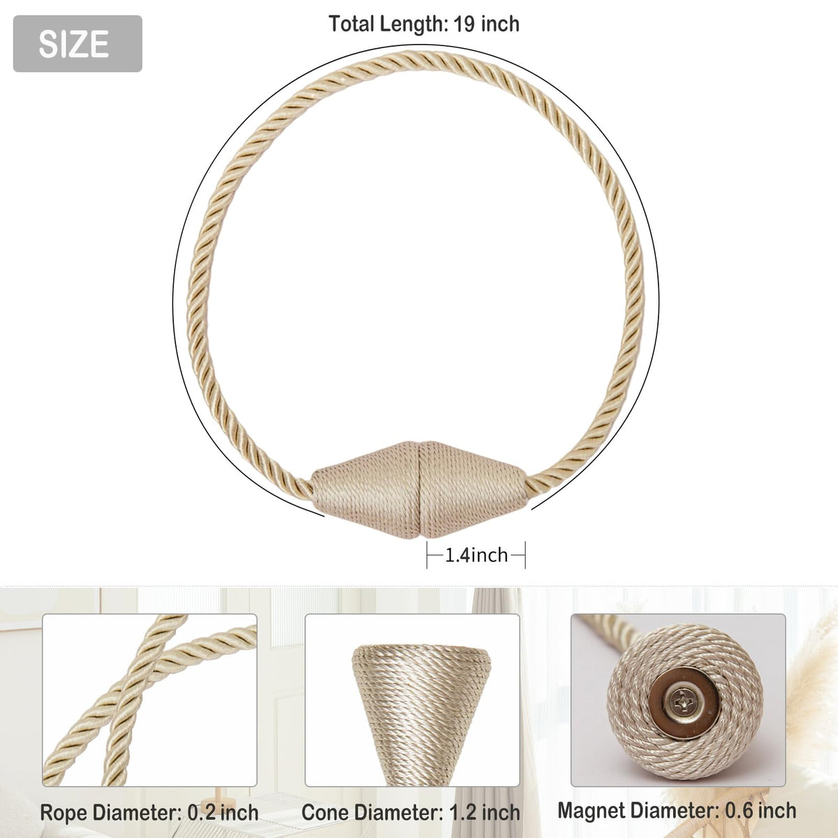 Magnetic Curtain Tiebacks 2 Pack Outdoor Rope Curtain Tie Backs Decorative Window Treatment Holdbacks for Home Decorative Curtain