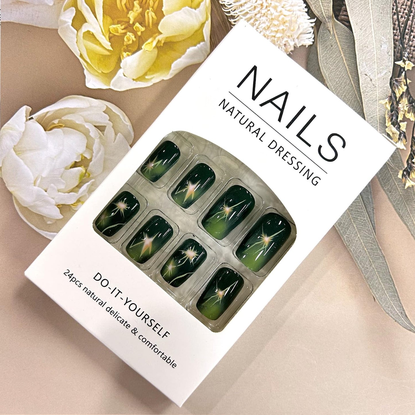 TBRZTR Green Press on Nails Medium Length Lightning Pattern Design Fake Nails Full Cover Glossy Coffin Nails Artificial Acrylic Nails Green Square Stick on Nails Reusable Glue on Nails for Women