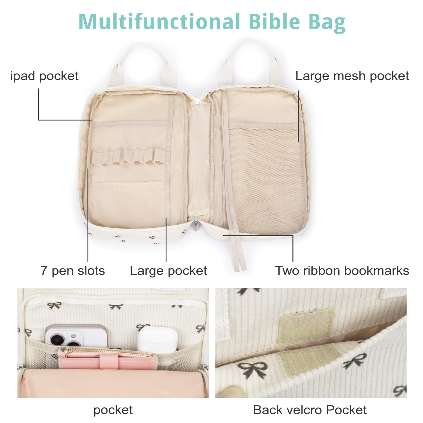 Bunnychill Bible Cover for Women, Bible Case,Carrying Bible Bag Scripture Case Church Bag Bible Protective with Font & Back Zippered Pocket