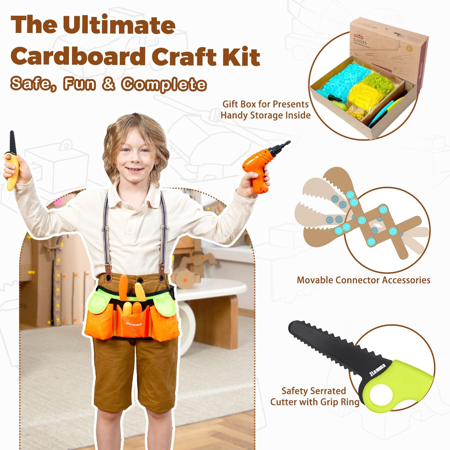 ZLemma Cardboard Construction Kit - 401 PCS Kids Building Set with Safe Serrated Cutter, Crease Roller, Screws & Nuts, STEM Upcycled Tool for DIY Cardboard Projects, Engineering & Creativity