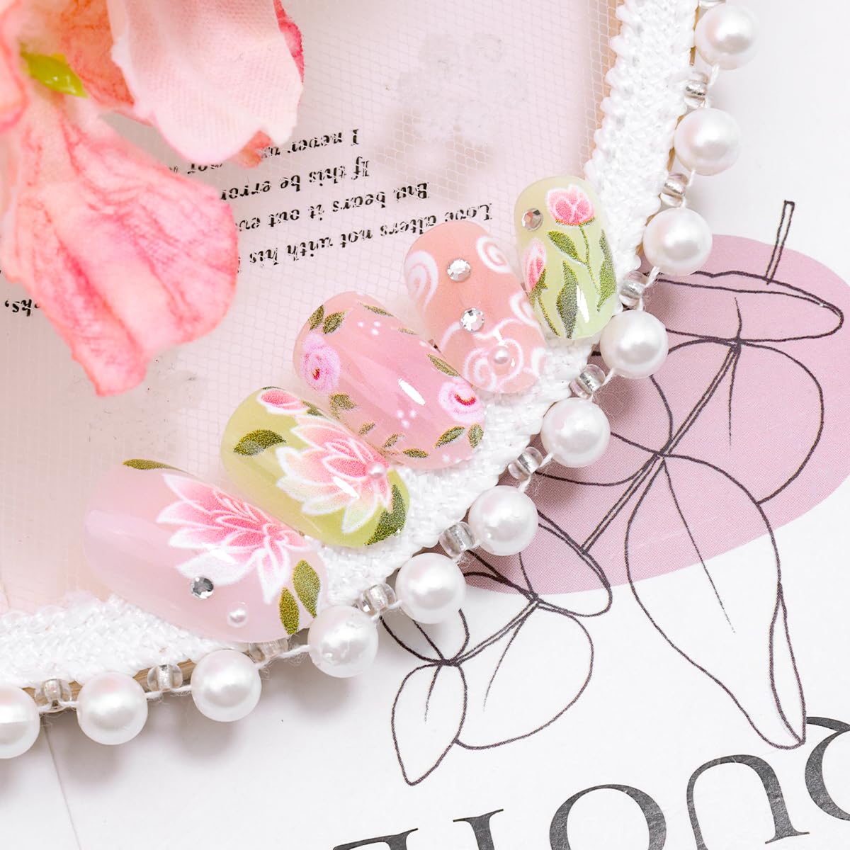 Pink Flower Press on Nails Short Oval Cute Fake Nails with 3D Rhinestone Design Spring Acrylic Nails Butterfly False Nails Summer Glue on Nails Lotus Flower Rose Press ons Artificial Nails Decor 24Pcs