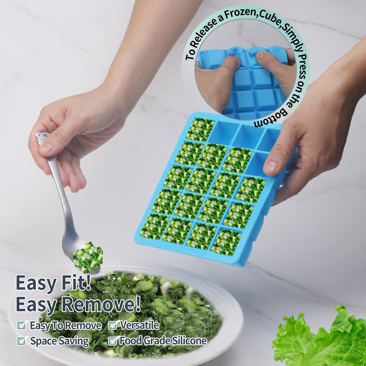 1 Tbsp Silicone Freezer Molds - Perfect for Storing Garlic, Herbs, Ginger, Pesto, Tomato Paste, Lemon Juice,Vegetable Purees,Purees and More - Silicone Food Freezer Tray (Blue 2 Pack)