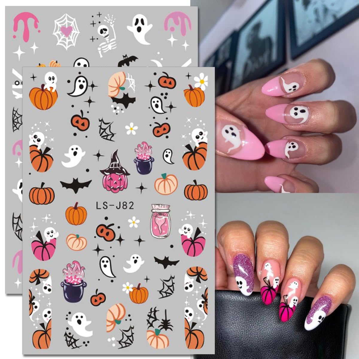 LRKNNO Halloween 3D Nail Stickers, Paper Decals for Women, Ghost, Skull, Pumpkin, Spider, Cat, 6 Sheets