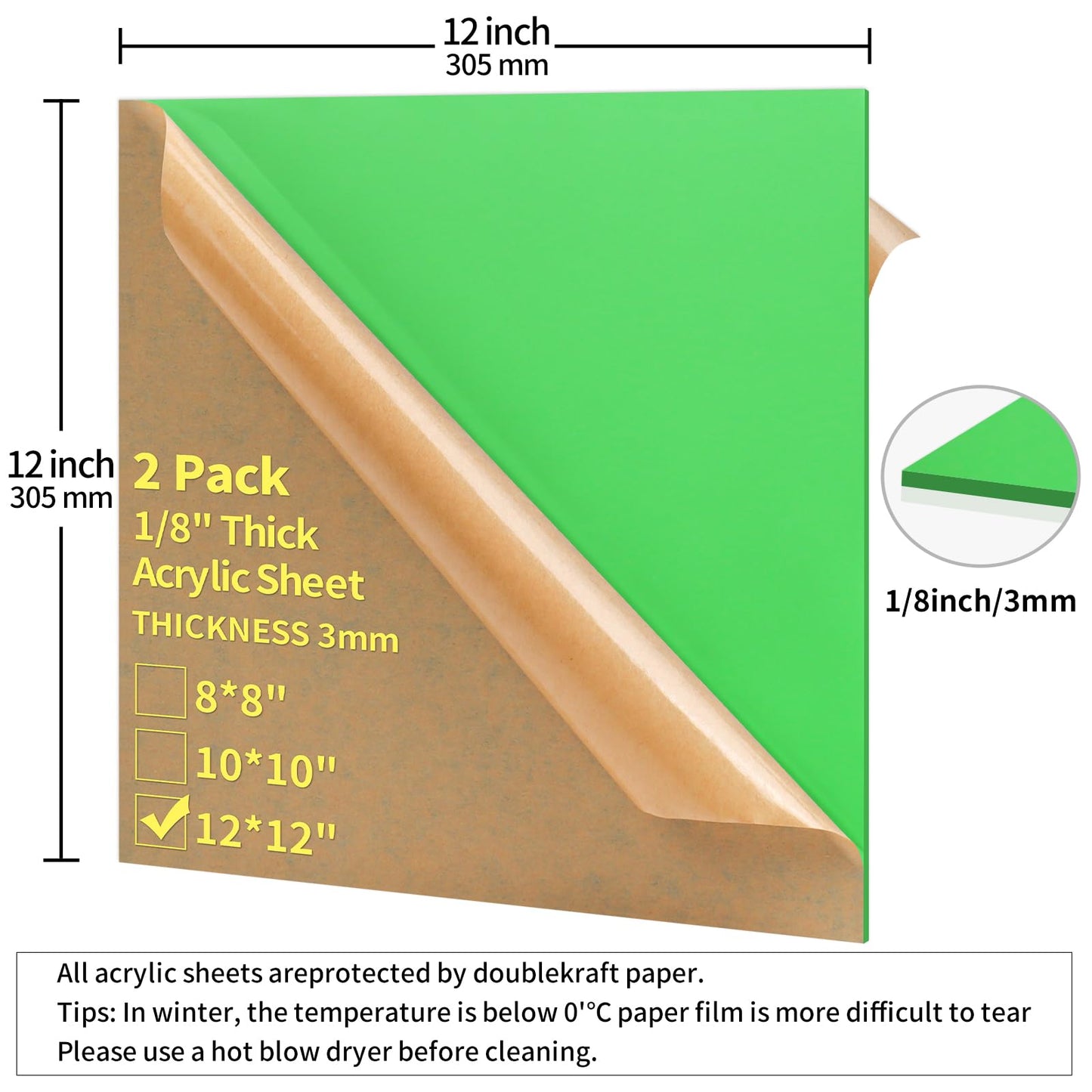 Gdhwxcl 1/8 Thick 12 x 12 inch Acrylic Sheets - 2 Pack Plexiglass Sheets for Creative DIY Projects Laser Cutting Engraving UV Printed Signs Crafts Badges (2, Light Green, 12 x 12 inch)