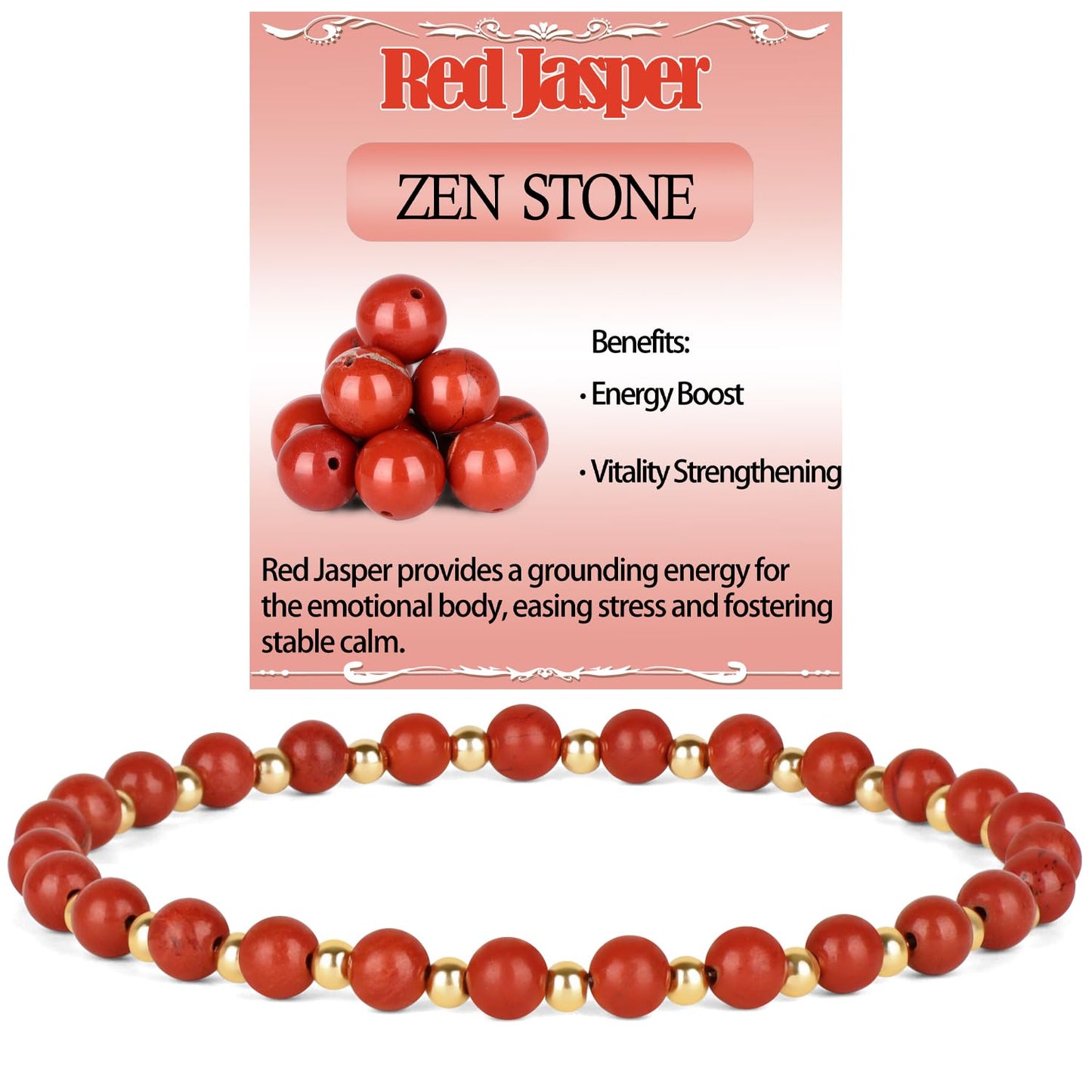 QOGIR Red Jasper - Zen Stone - 14K Gold Plated Beads Natural Gemstone Stretch Elastic Dainty Healing Beaded Bracelets Gifts 4mm