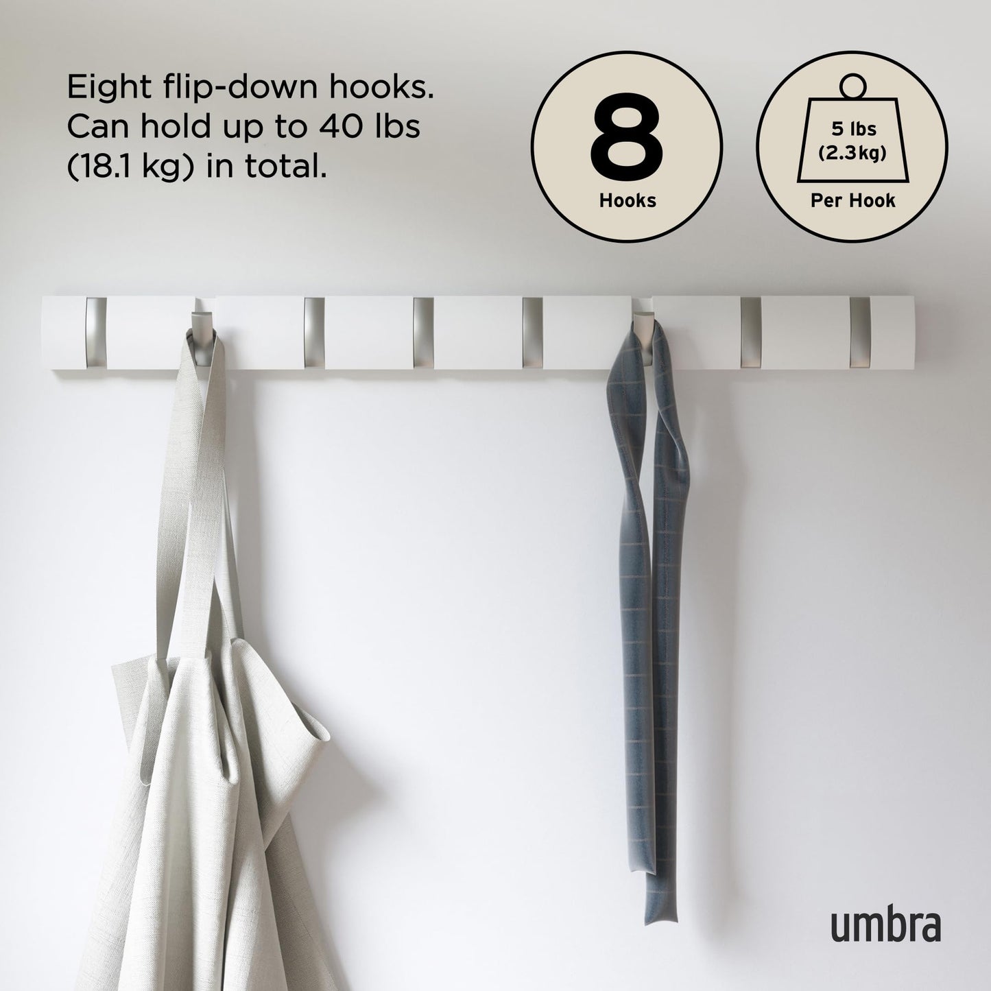 Umbra Flip Wall-Mounted Coat Rack with 8 Hooks – Modern, Space-Saving Storage for Hats, Jackets, Bags, Entryway, Mudroom, Closet, Bathroom, Bedroom – White/Nickel