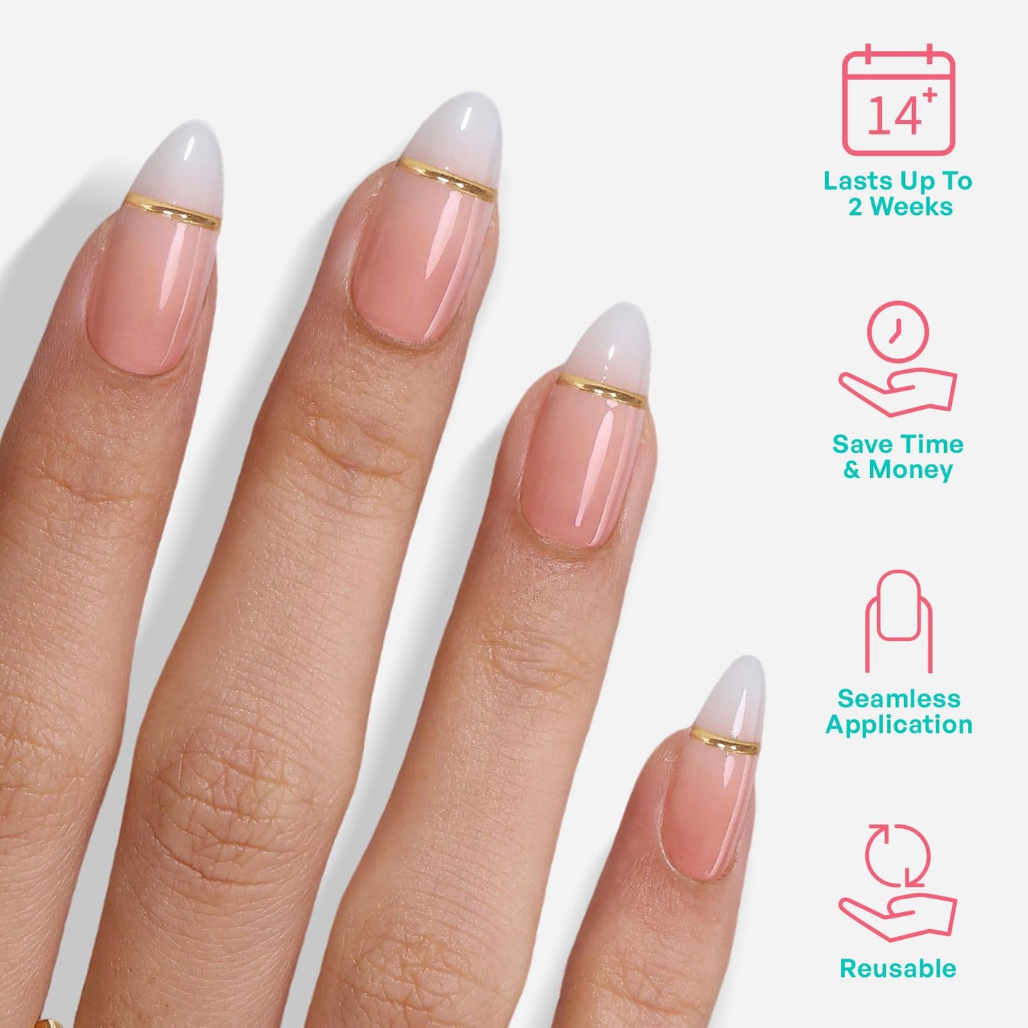 Milky White to Pink French Tip Press on Nails - GJZEZ Soft Gel Medium Almond Ombre Gradient Fake Nails with Gold Line | 16 Sizes - 32 Pcs Reusable Salon Perfect Faux Nail Gifts for Women, Glossy Gild