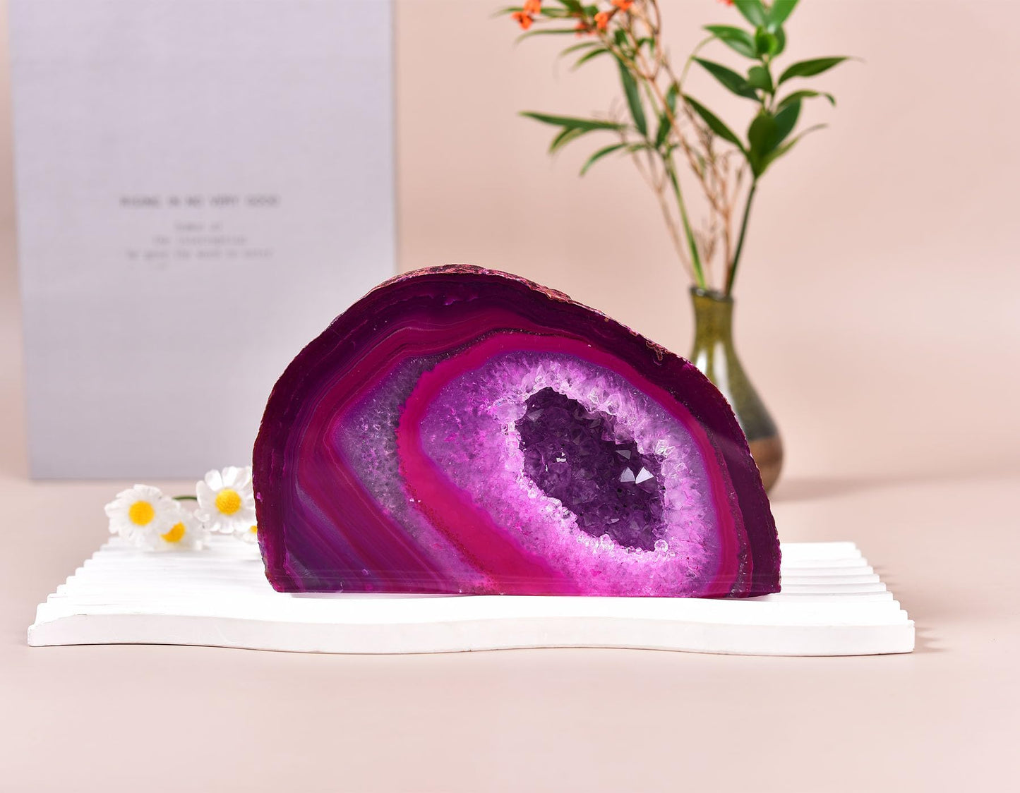 AMOYSTONE Small Agate Geode Ornament Natural Agate Stone Decor Pink 1-1.5 LBS, Irregular Crystal Rock for Home, Bedroom, Desk