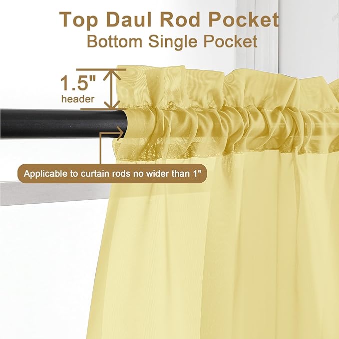 Chyhomenyc Sheer Mustard Yellow Curtains 90 inches Long 2 Panels, Light Filtering Soft Airy Solid Elegant Voile Window Treatment Drapes for Bedroom Living Room Wedding Party Decor, 42 Wx90 L Inches