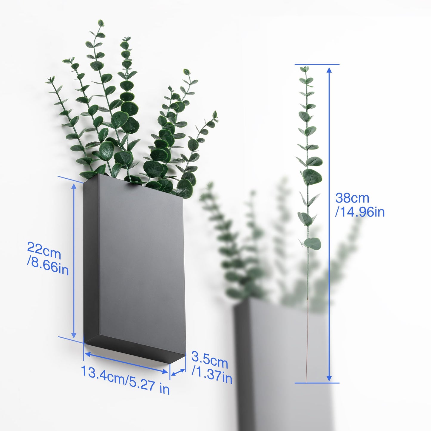 2 Pack Metal Wall Planter Vases Decor with Artificial Eucalyptus, Modern Farmhouse Rustic Hanging Pocket Planters for Indoor Greenery and Flowers, Living Room Bedroom Kitchen and Stairway Decoration