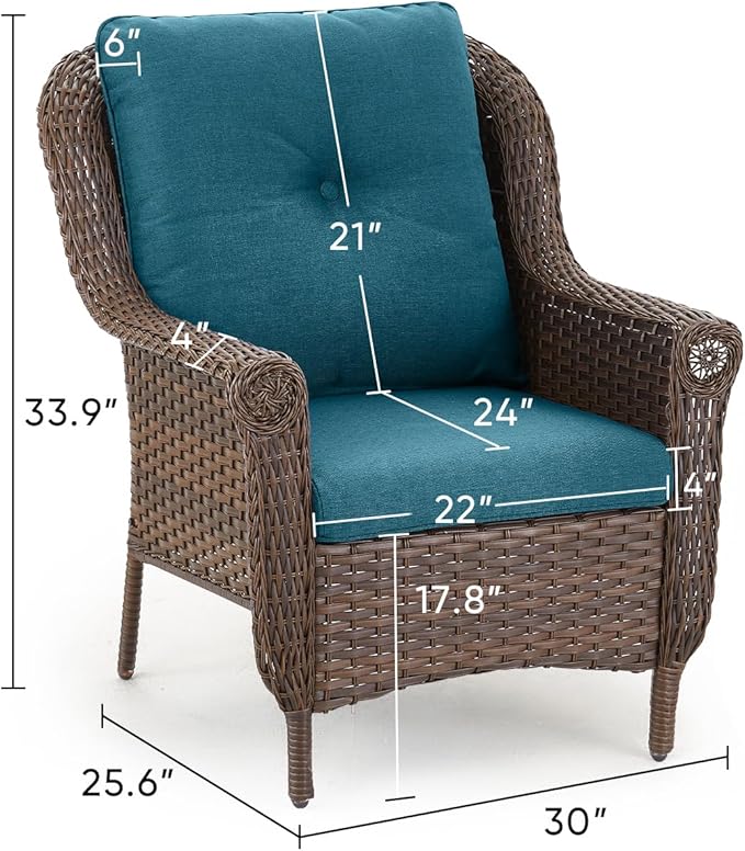 Patio Wicker Chairs Outdoor Furniture Chair - Set of 2 Outside All Weather Lawn Dining Brown Rattan Armchair with High Back&Deep Seating for Deck Porch Balcony Backyard Garden - Peacock Blue