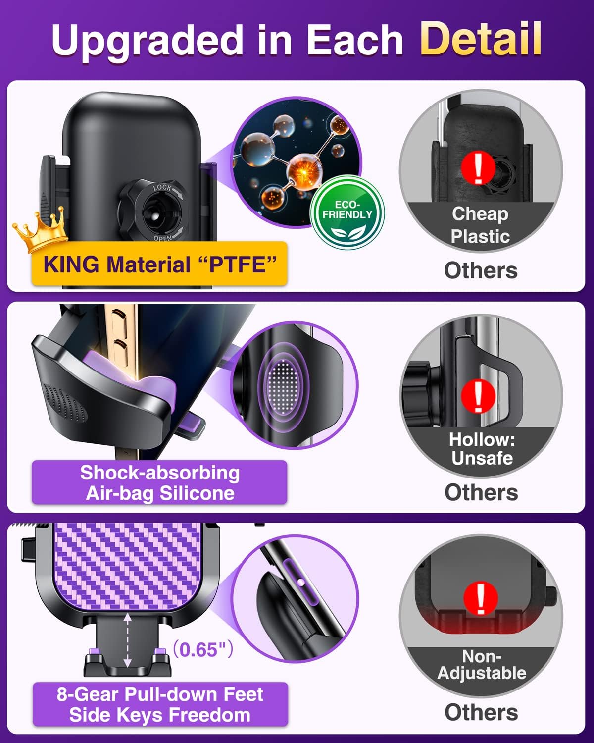 VANMASS Car Phone Holder Mount 2025 Upgraded [Patent Steel-Hook] Car Vent Phone Mount Clip Military-Grade Shockproof Cell Phone Car Mount Handsfree Truck Stand Vent Cradle for iPhone 16 Android,Purple