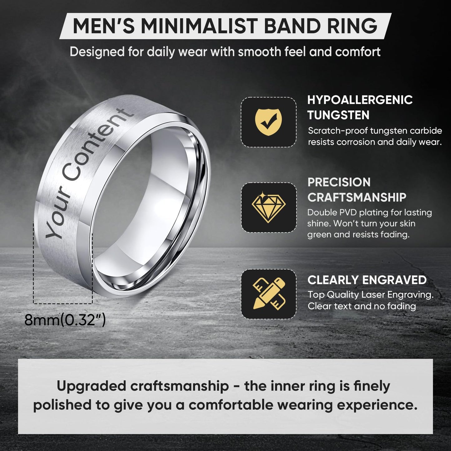 VNOX Mens 8mm Brushed Matte Tungsten Carbide Classical Simple Plain Personalized Custom Name Date Wedding Band Wedding Engagement Ring,Silver,Size 8