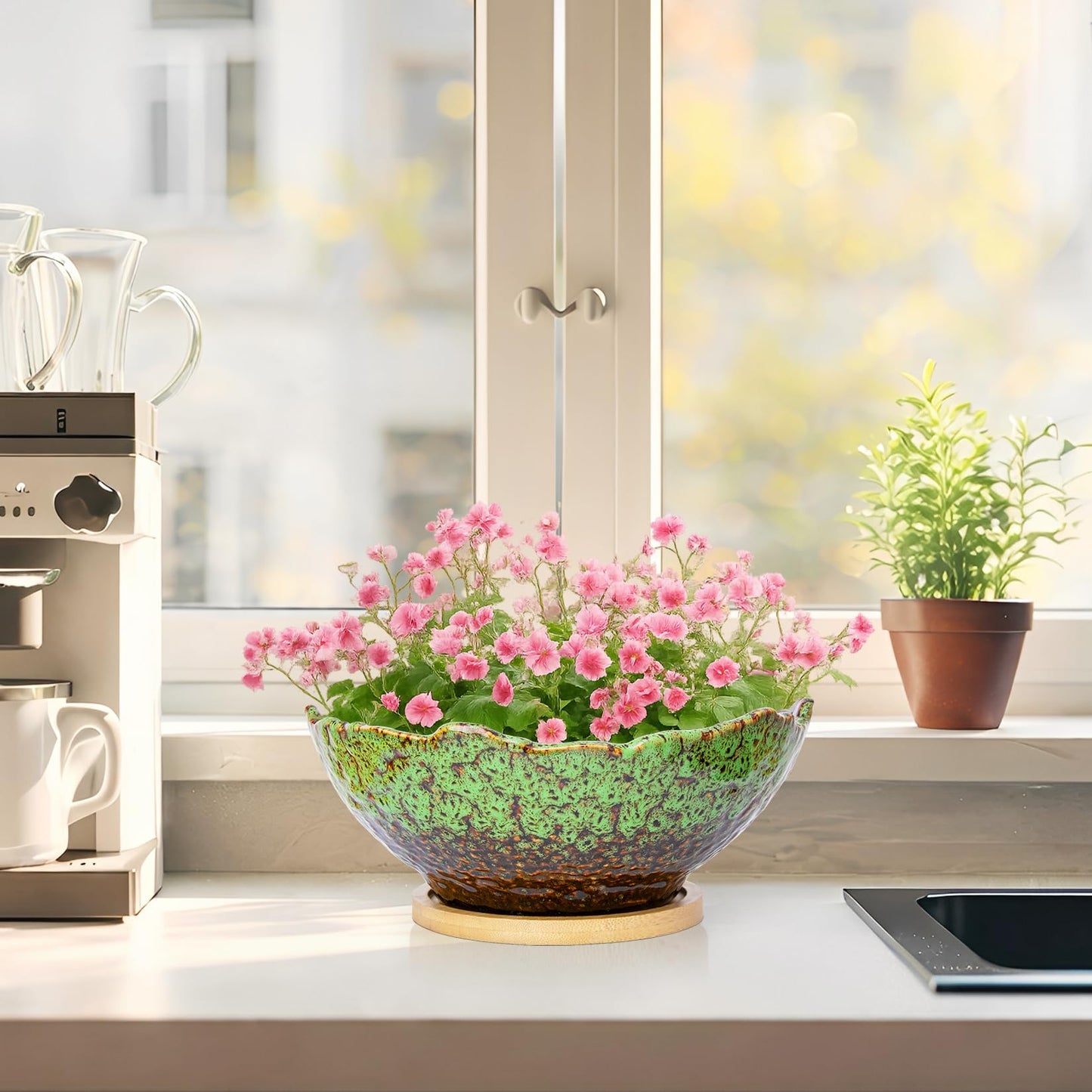 ARTKETTY Bonsai Pots, 9.06 Inch Succulent Pots with Drainage and Saucer, Ceramic Pots for Indoor Cactus Plants Unique Flower Plant Pots Round Bonsai Tree Planters Windowsill Desk Decor