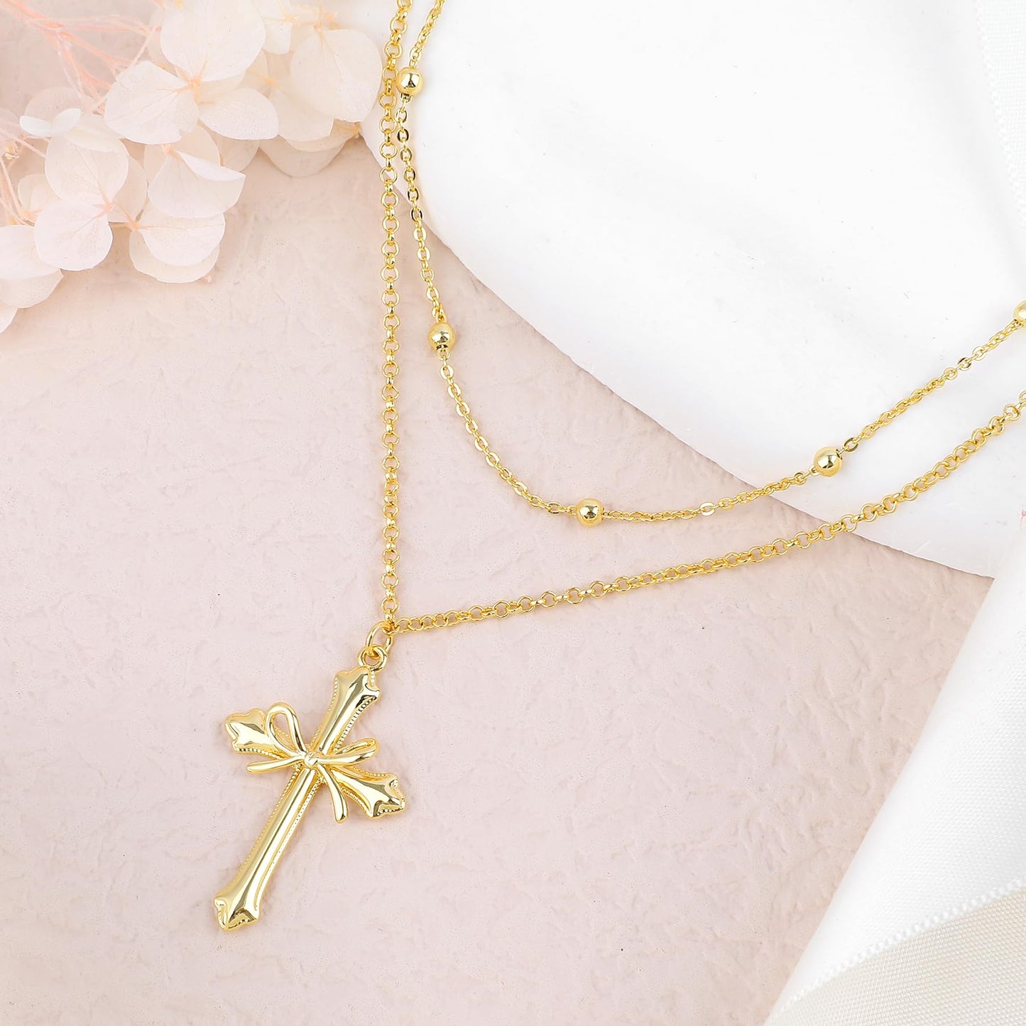 NEKOL Cross Layering Necklace for Women, Elegant Fleur-de-Lis Cross Pendant with Ribbon Bow, Retro Chain for Daily Occasions