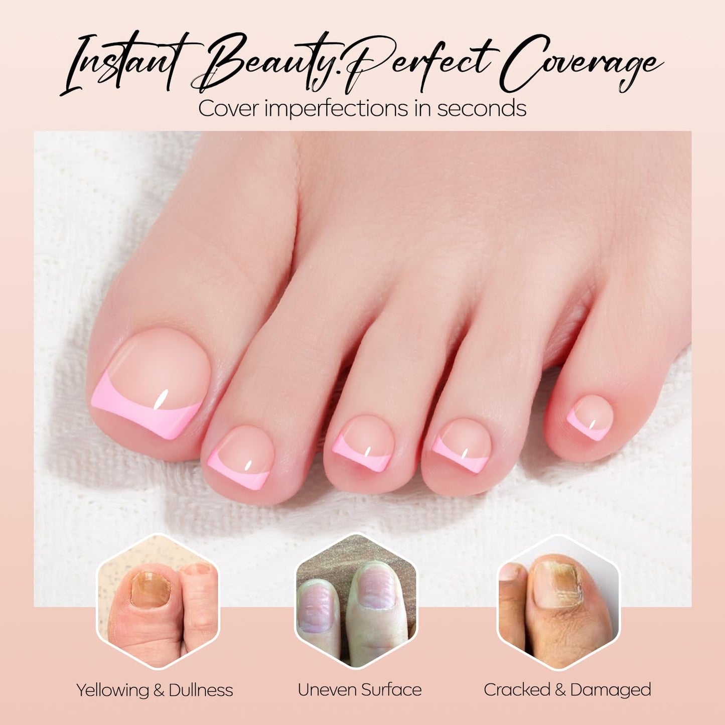 Modelones Press on Toenails Short, Hot Pink French Tip Toe Nails Square, Reusable Nail Kit with Nail Glue Adhesive Tabs Mini Nail File, Toe Nails 36Pcs 18Sizes, Summer Spring Women Girl Gift