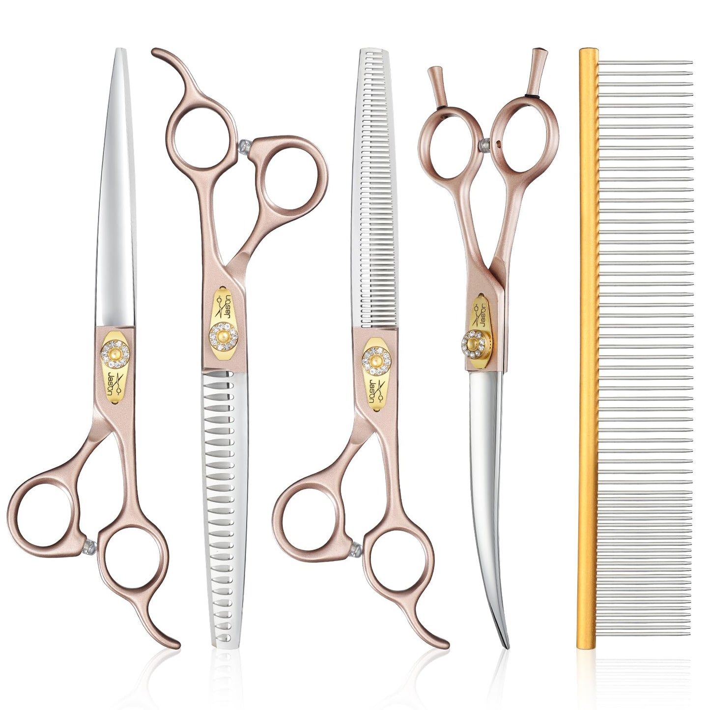JASON Professional 6 in 1 Dog Scissors Kit - 7.5" Thinning, Chunker, Straight, Curved Shears and Comb for Cat, Rosegold