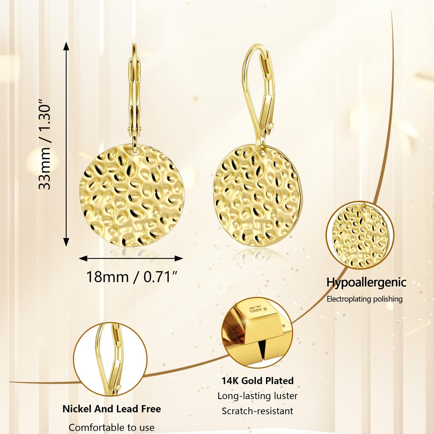 ALEXCRAFT Gold Hammered Dangle Earrings for Women Hypoallergenic 14K Gold Disc Coin Drop Leverback Earrings Hammered Dangle Drop Earings for Women Jewelry Gifts