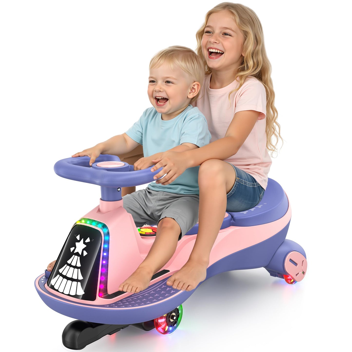 ANPABO 12V Electric Wiggle Car with Pedals, 2 Seater, 2x75W Motor, Music & Bluetooth, Ride On Toy for Kids Ages 3+, 170 Lbs, Pink