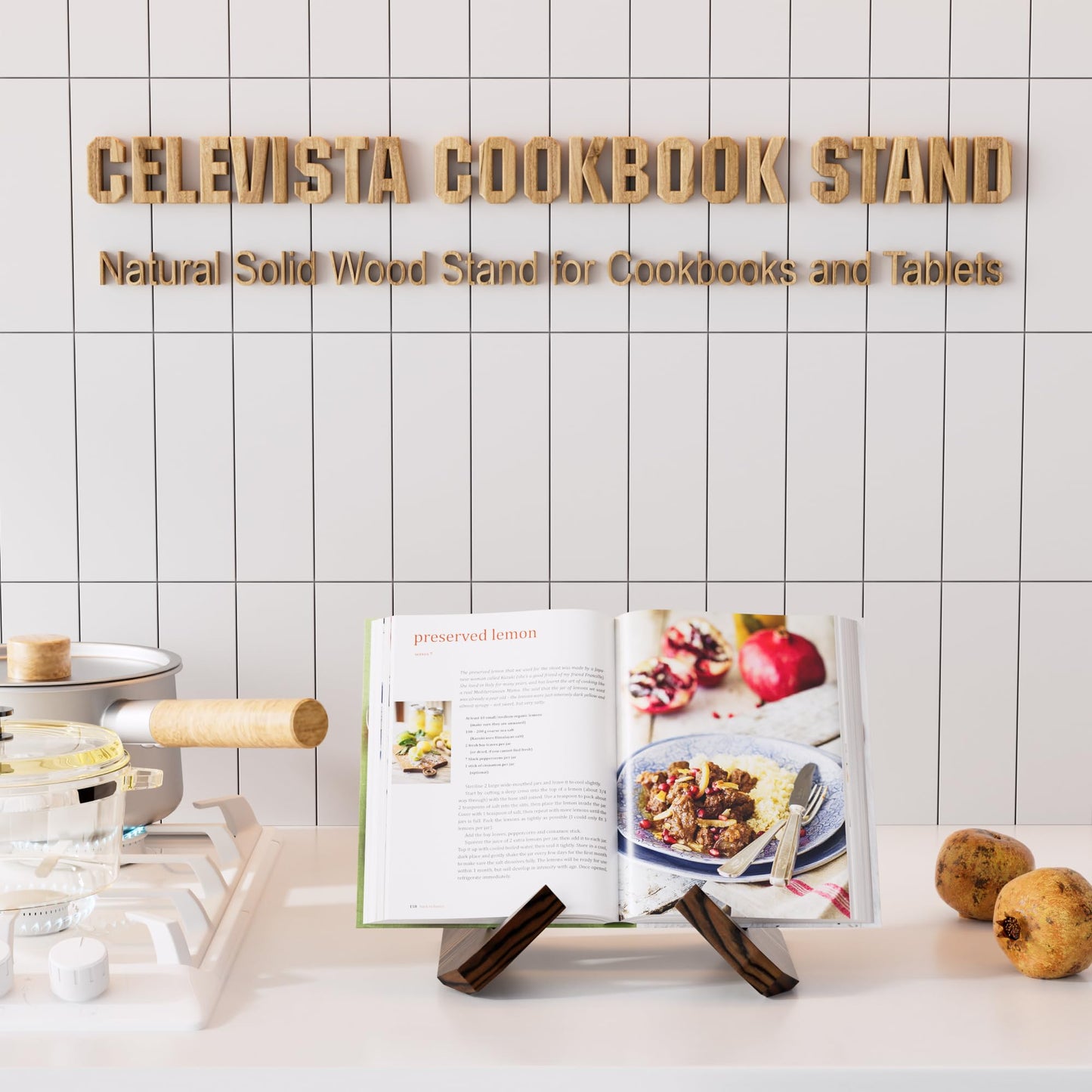 CeleVista Cookbook Stand for Kitchen, Wooden Cook Book Holder, Plate Stands for Decor Display, Recipe, Counter, Photo, Gift(Rustic Brown) (6.5in-2P)