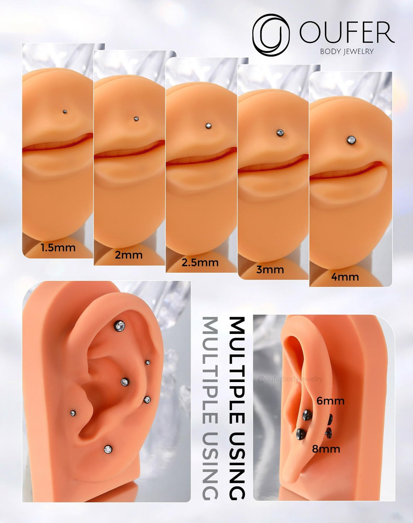 OUFER 2Pcs Nose Studs, 18G G23 Solid Titanium Threadless Nose Earrings Flat Back Tiny CZ 2MM Black Nose Helix Cartilage Piercing Jewelry for Women Men-6MM