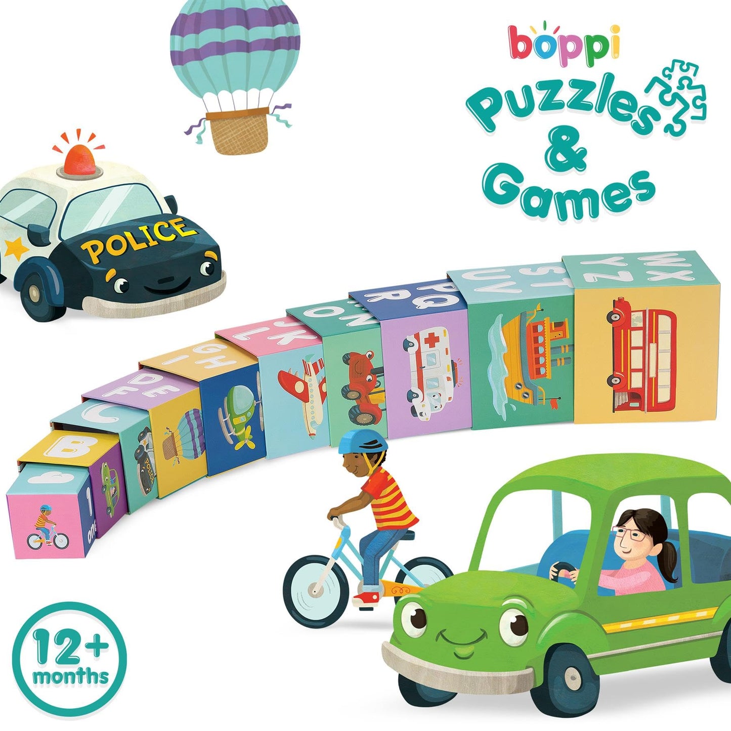 boppi Baby Stacking Blocks Vehicle Toys with Letters and Numbers, Montessori Cubes for Toddlers, Preschool Learning Toys
