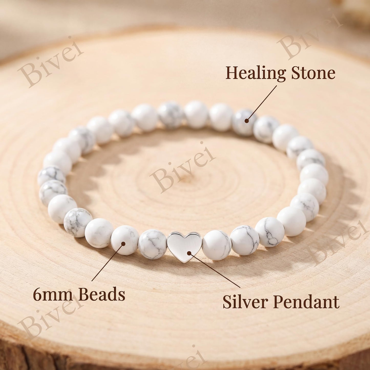 Bivei 6mm Howlite Crystal Stretch Bracelets for Women, Handmade Natural Stone Beaded Bracelet, Yoga Protection Jewelry Gift