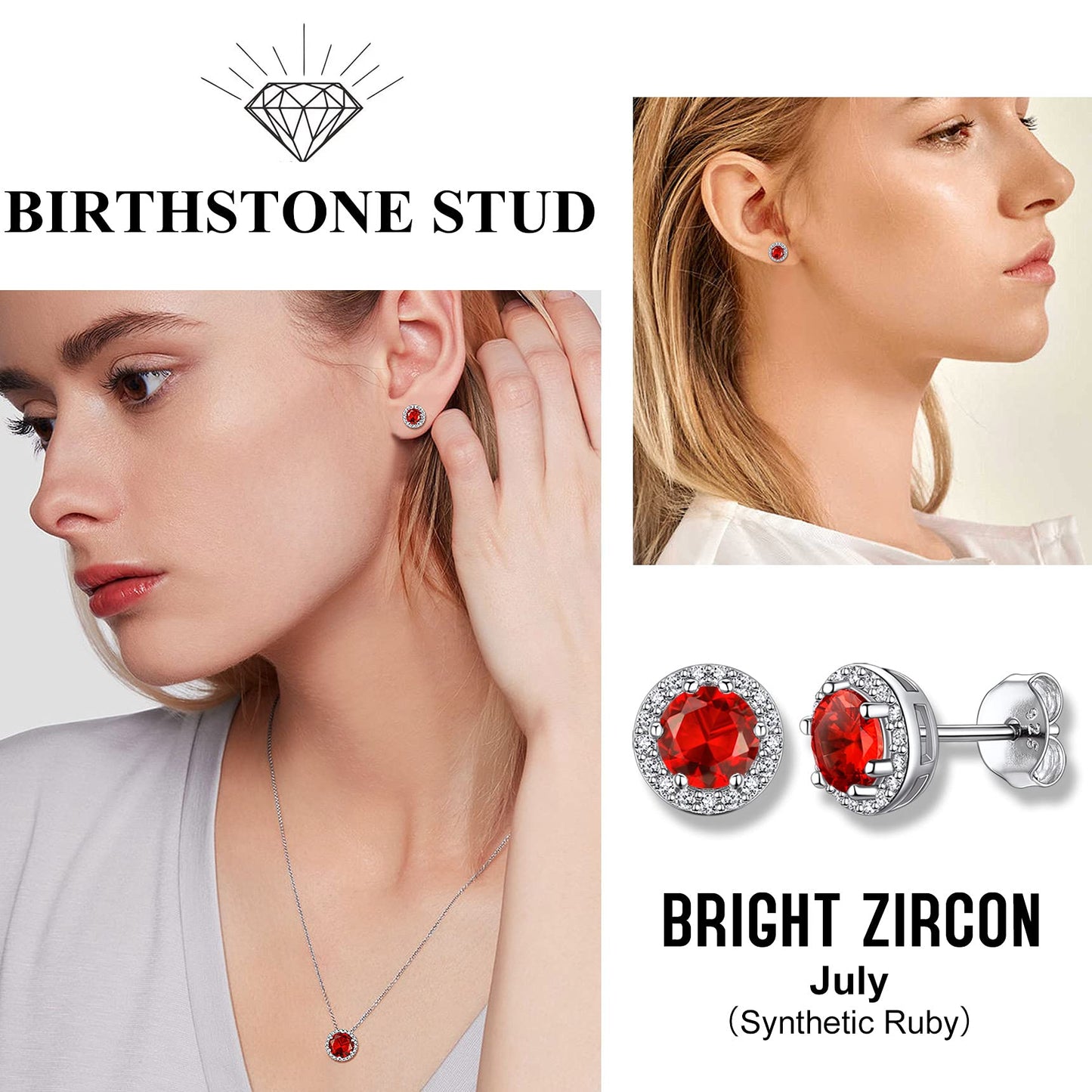 Bestyle Brilliant Created July Ruby CZ Birthstone Earrings 925 Sterling Silver Earrings for Women