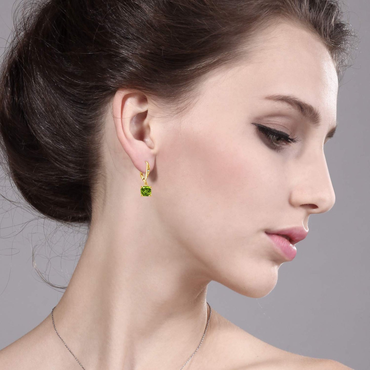 Gem Stone King Drop Dangle Earrings For Women | 7MM Cushion Cut Gemstone Birthstone and Diamond | 925 Sterling Silver | Jewelry Gift for Mom Wife Her | Peridot-August | Yellow Gold
