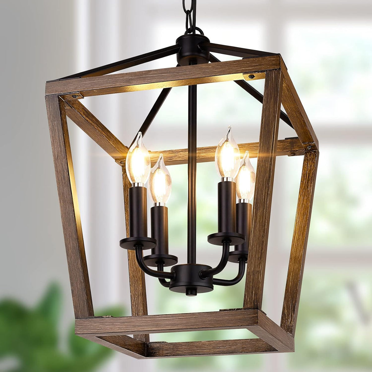 Farmhouse Chandelier Light Fixture for Kitchen Dining Room, 4-Light Rustic Pendant Hanging Ceiling Light Height Adjustable in Oak Wood Finish, Cage Lantern Lighting with E12 Base for Hallway Foyer