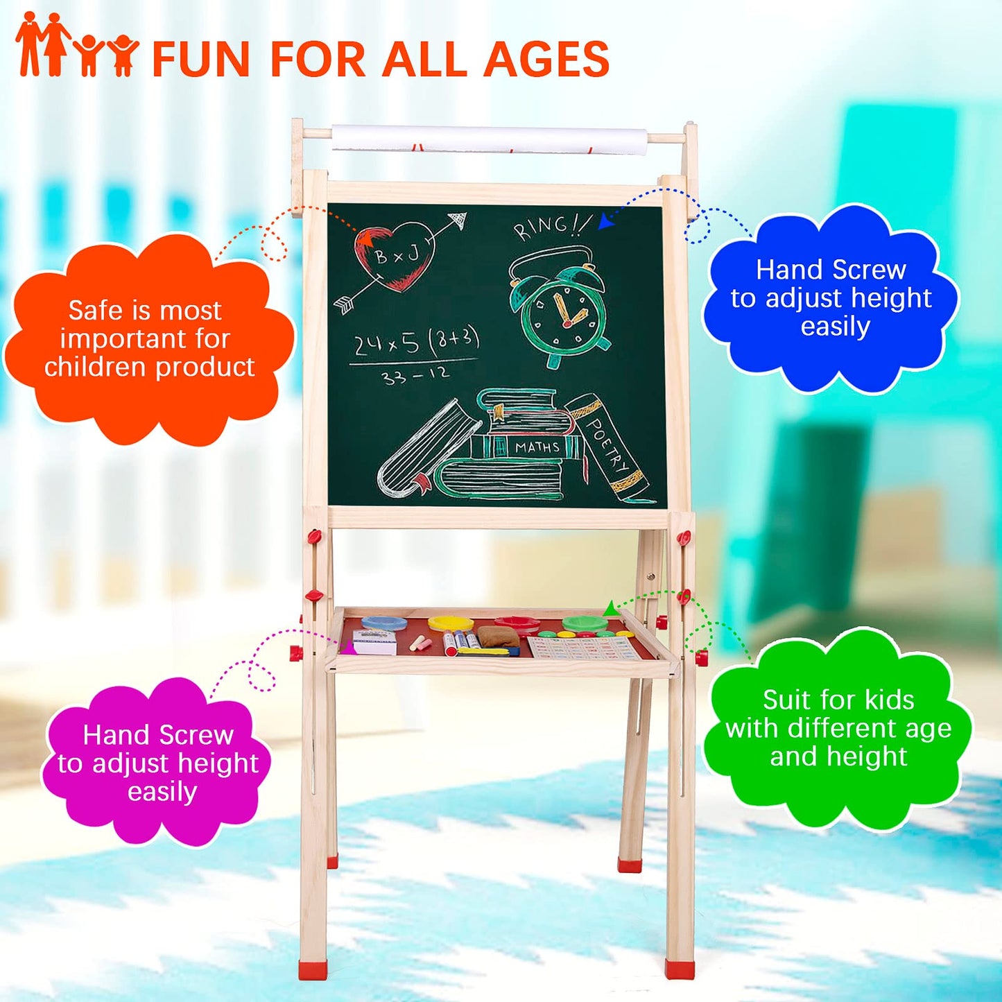 Ragstone Kids Easel Child Easel with Paper roll Double Sized Blackboard Chalkboard
