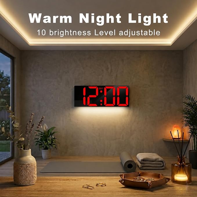 JALL 22" Large Digital Wall Clock, Big LED Display with Night Light, Auto Dimming & DST, Giant Alarm Clock for Seniors, Elderly Parents, Gift for Mom Dad (Black Shell Red Font)