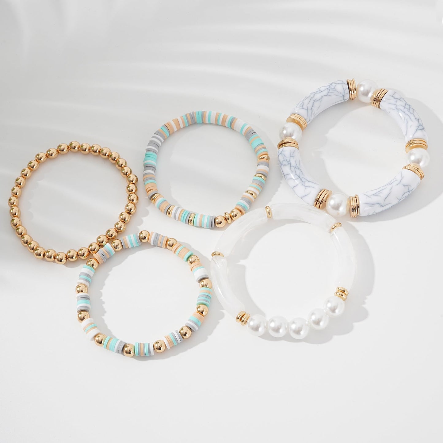 GOOJIDS Simple Beaded Gold Plated Bangles Bracelet Chunky Bamboo Tube Curved Stacking Clear Acrylic Colorful Beads Stretchable Gold Plated Bracelets Set For Women