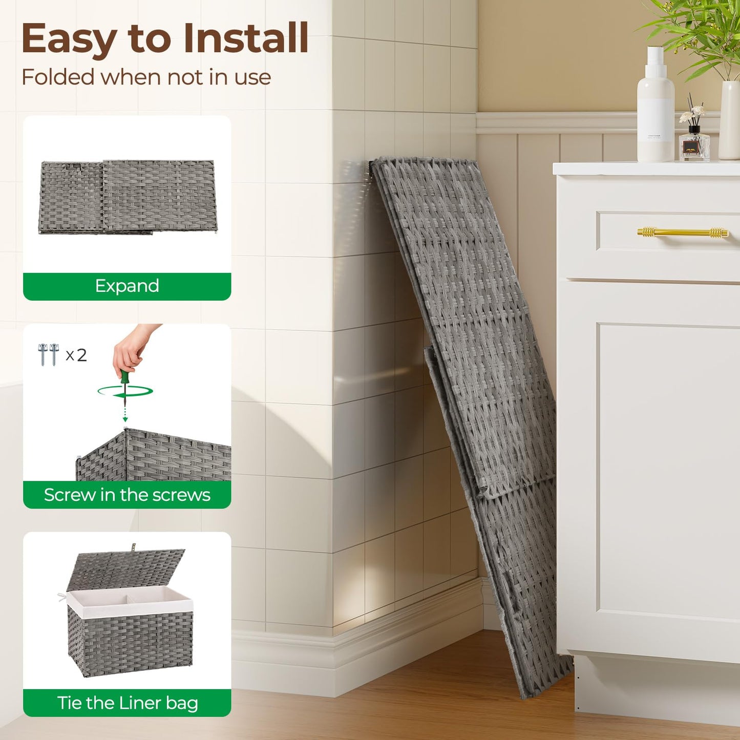 GREENSTELL Storage Basket with Lid, 17.2 Gallon(65L) Small Wicker Blanket Storage Basket with Handles, Foldable, 2 Removable Liner Bags, Metal Frame, for Bedroom, Laundry Room, Grey, 22.2"*13.4"*13.4"