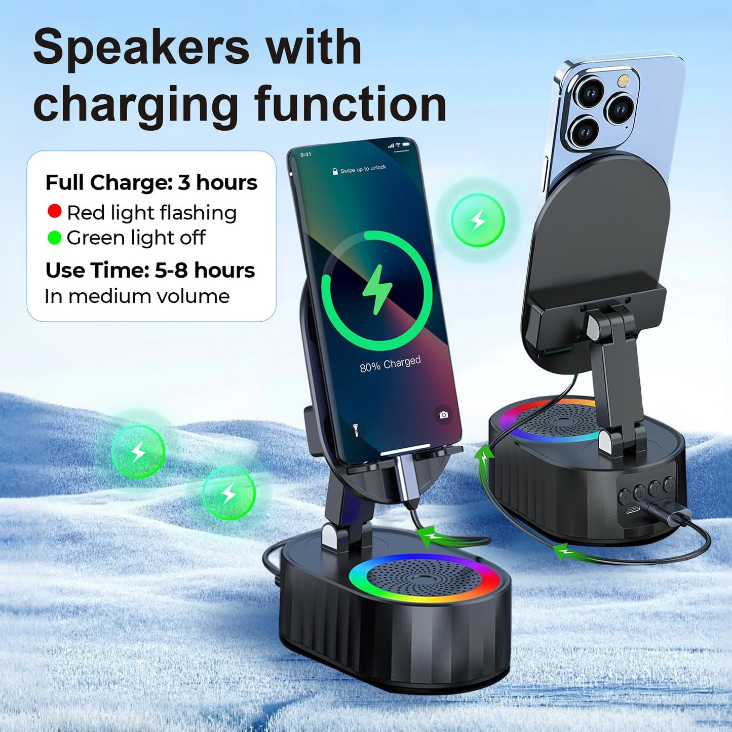 AKLLCCR Wireless Induction Audio Bluetooth Speaker 5in1 Phone Holder Emergency Rechargeable (3000mAh) with Colorful Ambient Light 300° Foldable for Tablet iPhone Android, Gifts for Men Women (Black)
