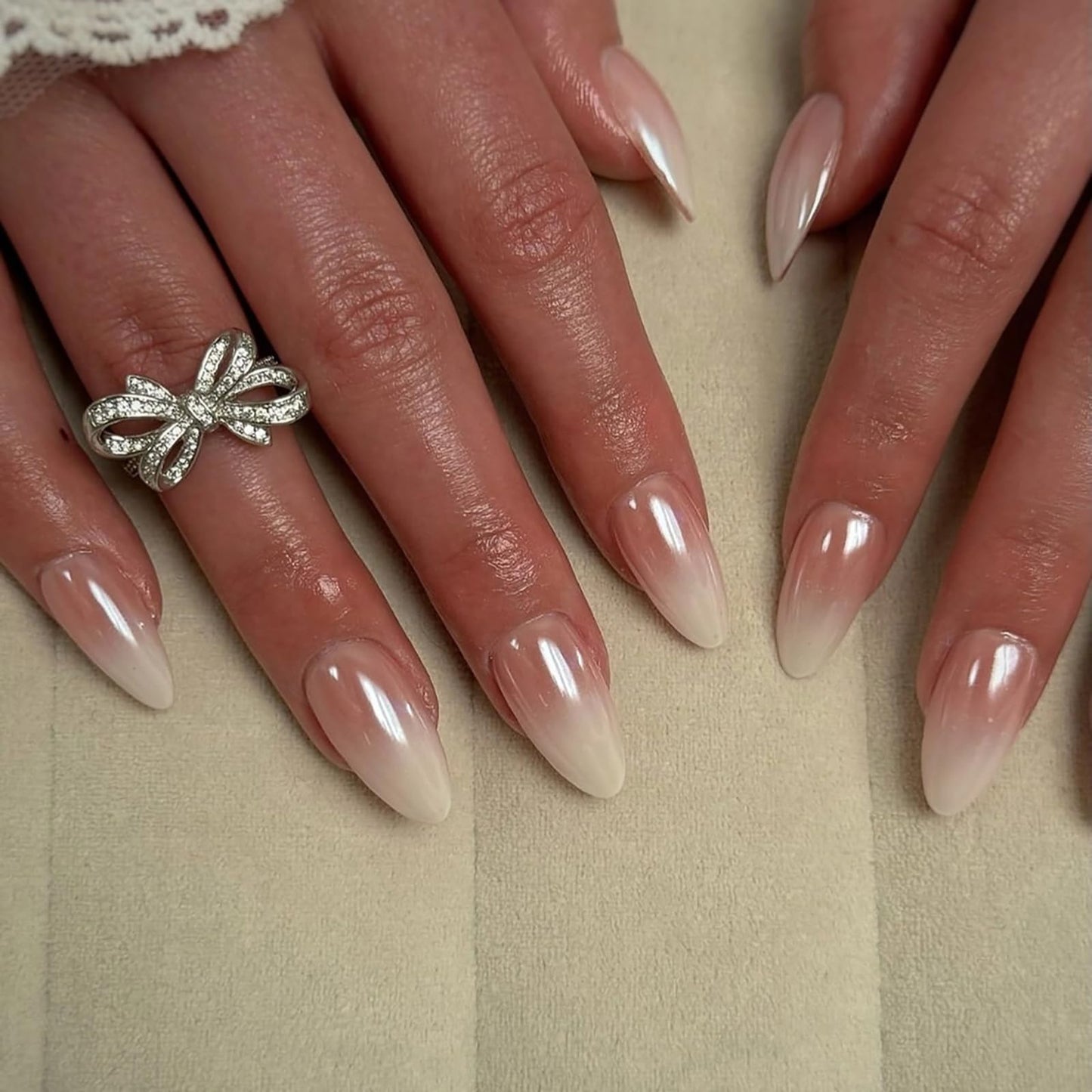 Medium Almond Press on Nails With Gradient Nude Pink White Designs Fake Nails Press ons Acrylic Nails False Glossy Artificial Full Cover Stick on Nails for Women Girls 24 Pcs