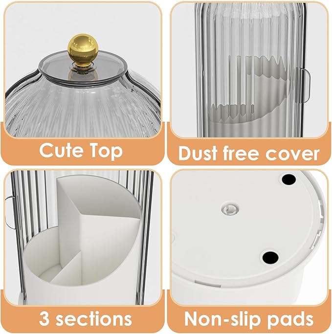 Makeup Brush Holder with Lid 360 Rotating Clear Dustproof Make Up Organizers for Vanity Bathroom Countertop, Gray