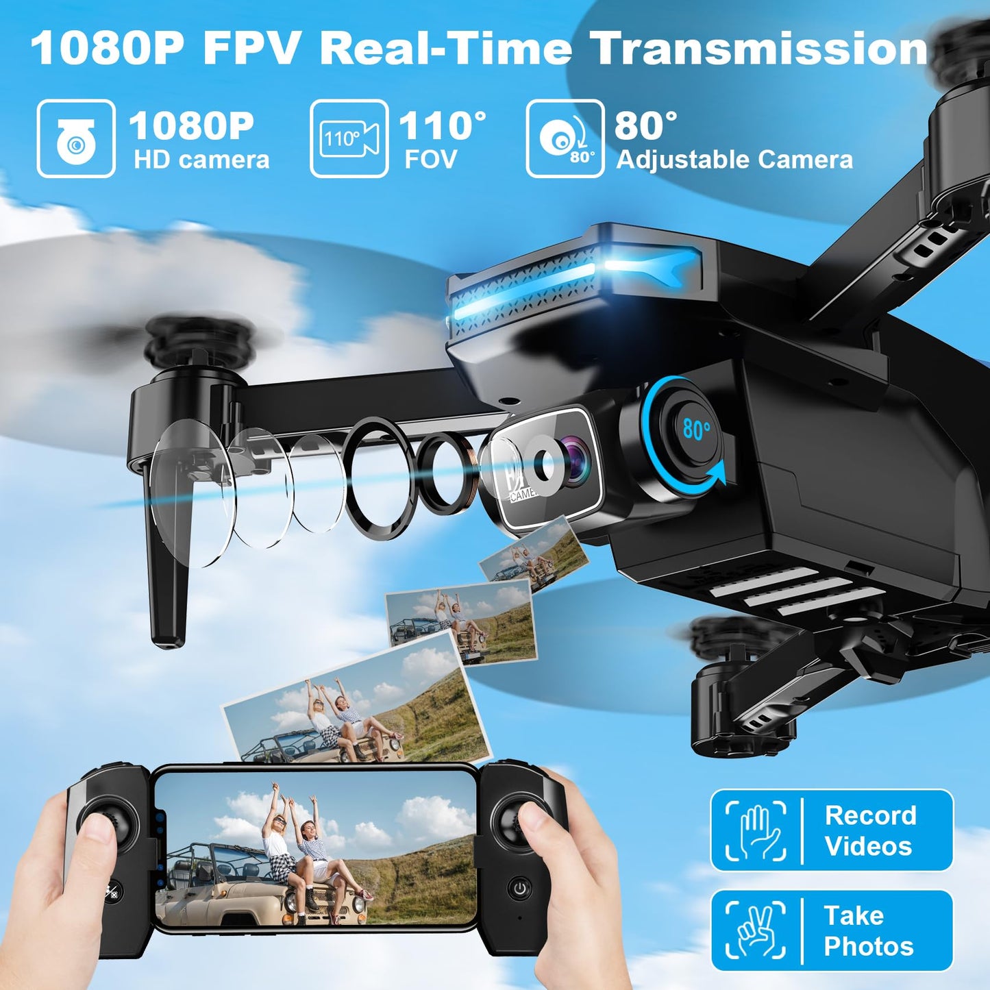 Drone with 1080P Camera - Foldable Remote Control Quadcopter with Gesture Control, 3D Flip, One Key Start, Emergency Stop, 2 Batteries, Easier to use, Toy for Adult Beginners, Black&Blue